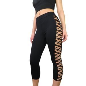 Forever 21 Black Cut Out Caged Corset Sexy High Rise Crop Leggings XS NWT